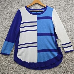 Habitat Colorblock Sweater Womens M Azure Blue Cotton Striped‎ Crew Neck Boho